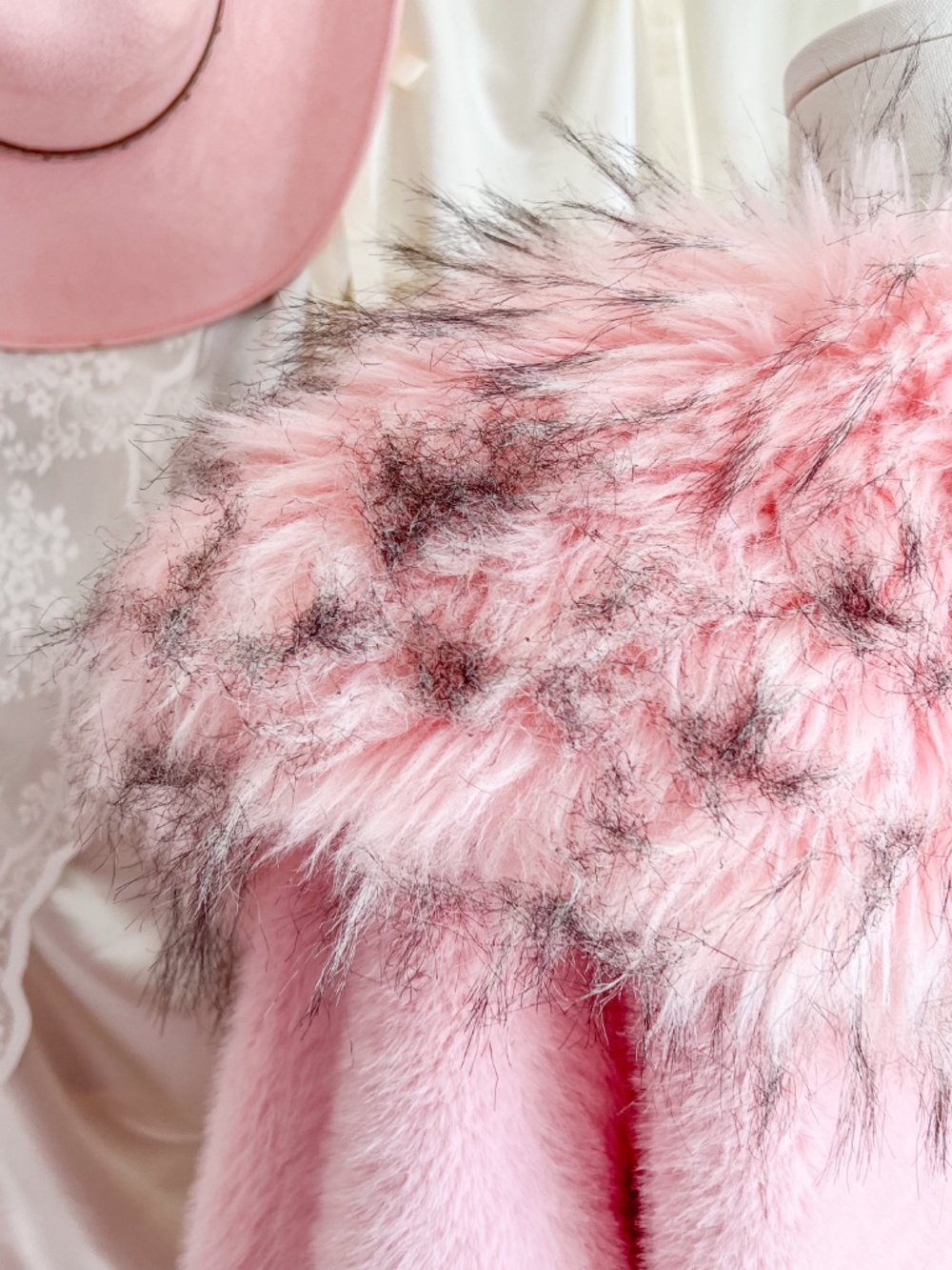 Pink Faux Fur Long Coat with Statement Collar – Coquette Glam Princess Jacket (F - Picture 11 of 14